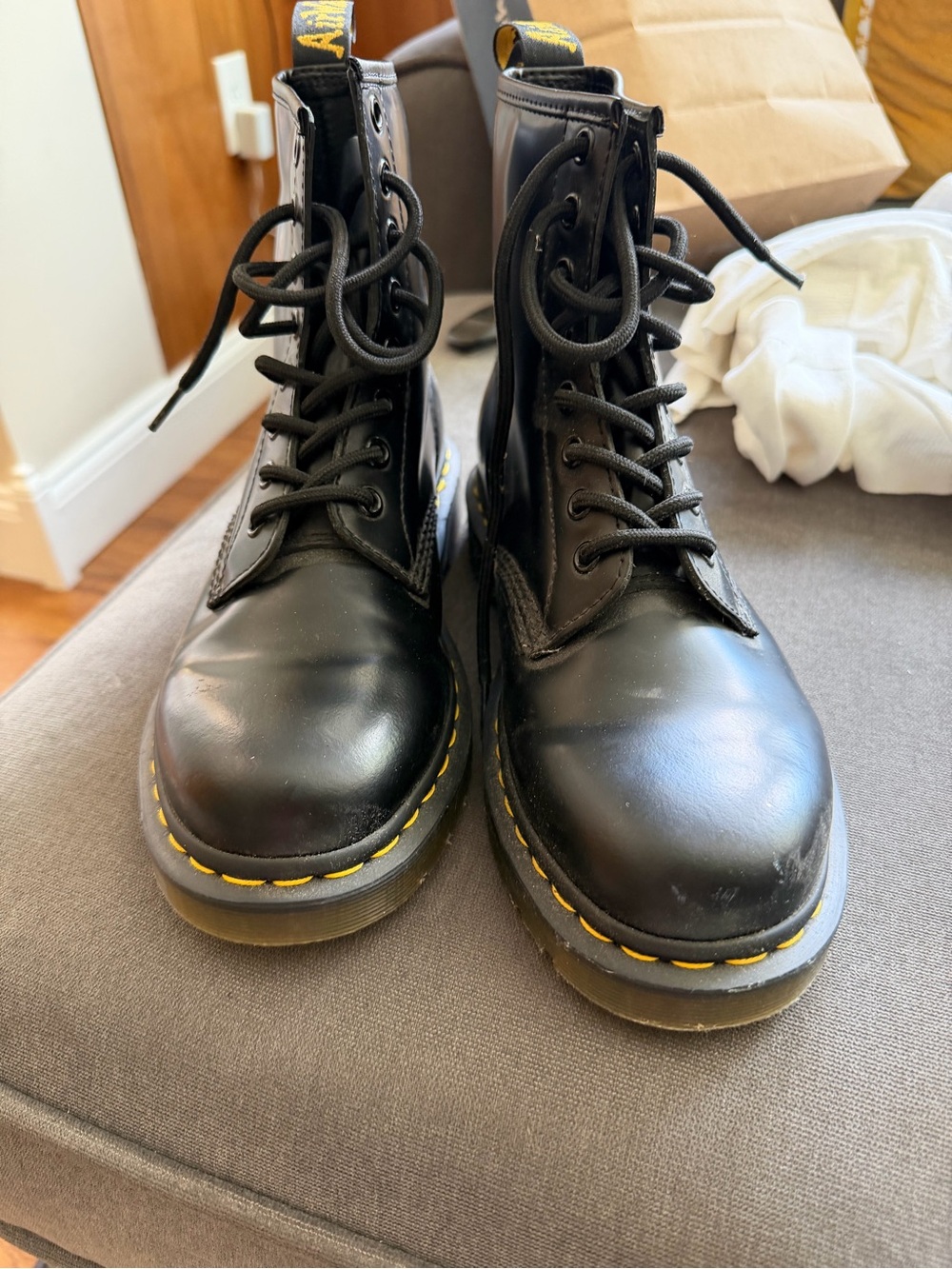 Dr. Martens Black Leather 8-Eye Combat Boots with Yellow Stitching